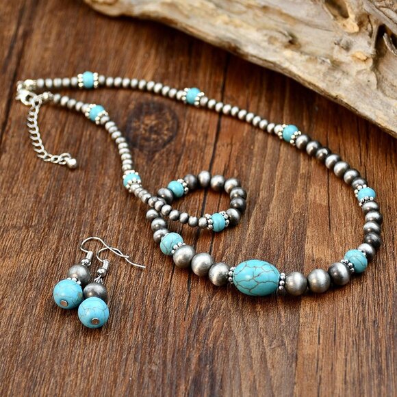Western Jewelry Set Navajo Pearl Necklace Earring Set Turquoise Jewelry for Wome - Picture 3 of 8
